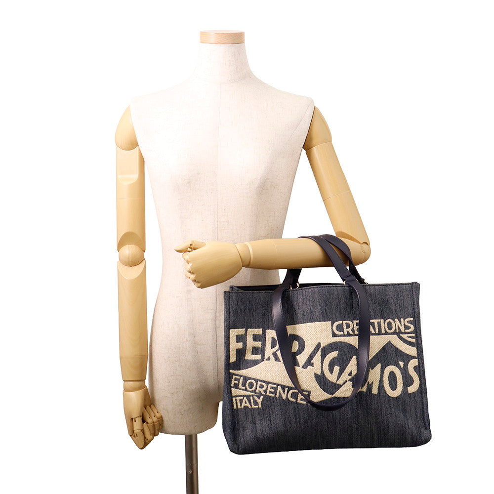 Ferragamo Logo 2-Way Denim Tote Bag Blue Cotton