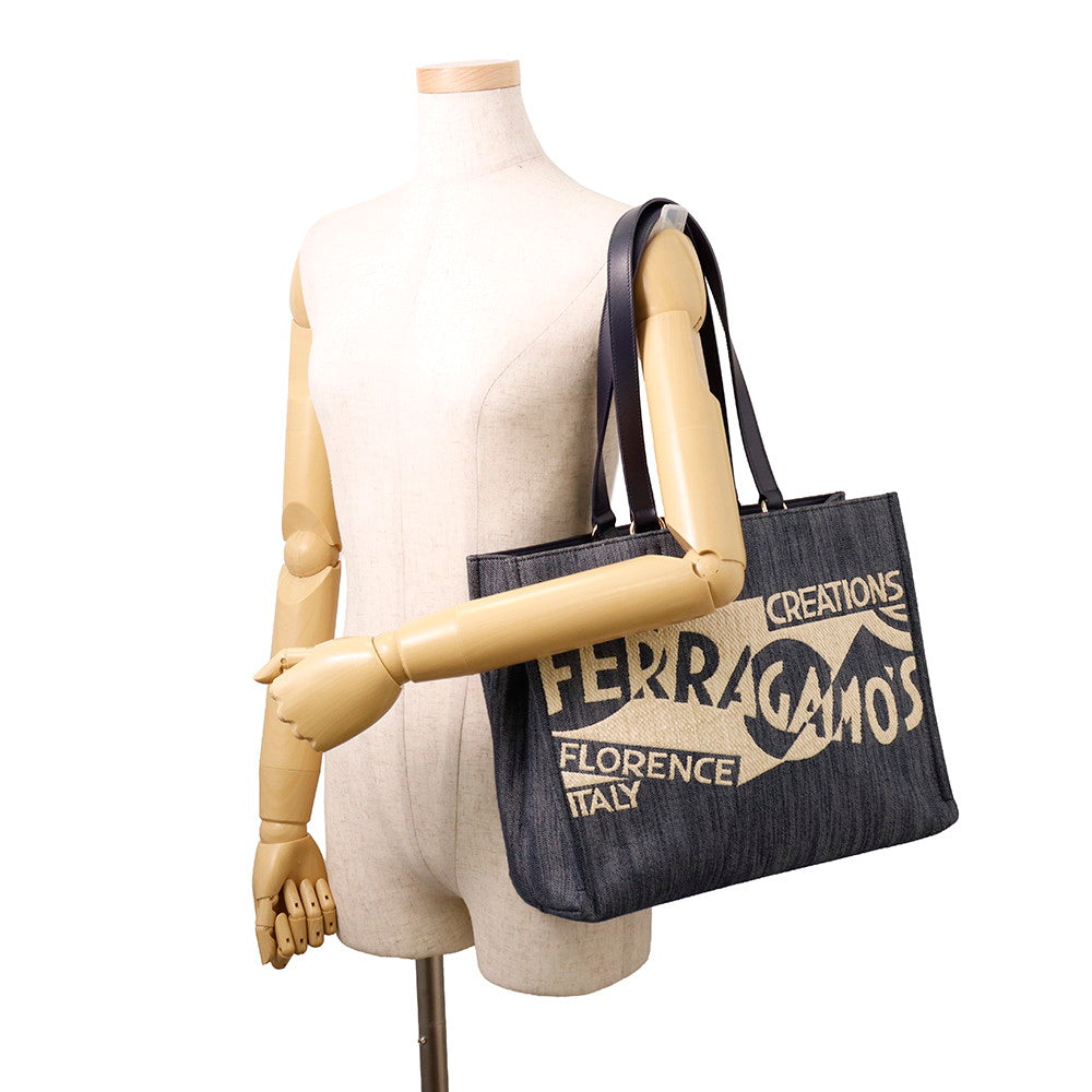 Ferragamo Logo 2-Way Denim Tote Bag Blue Cotton