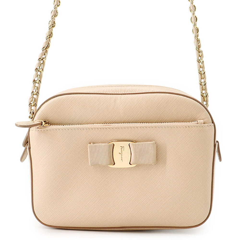Ferragamo Vara Ribbon Shoulder Bag Beige Leather