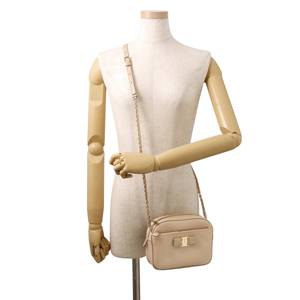 Ferragamo Vara Ribbon Shoulder Bag Beige Leather
