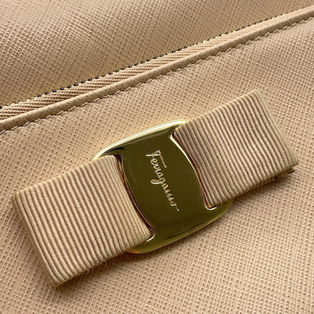 Ferragamo Vara Ribbon Shoulder Bag Beige Leather