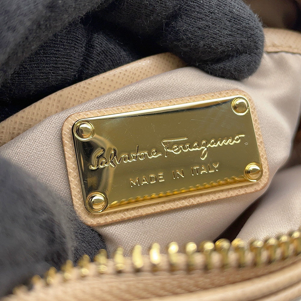 Ferragamo Vara Ribbon Shoulder Bag Beige Leather