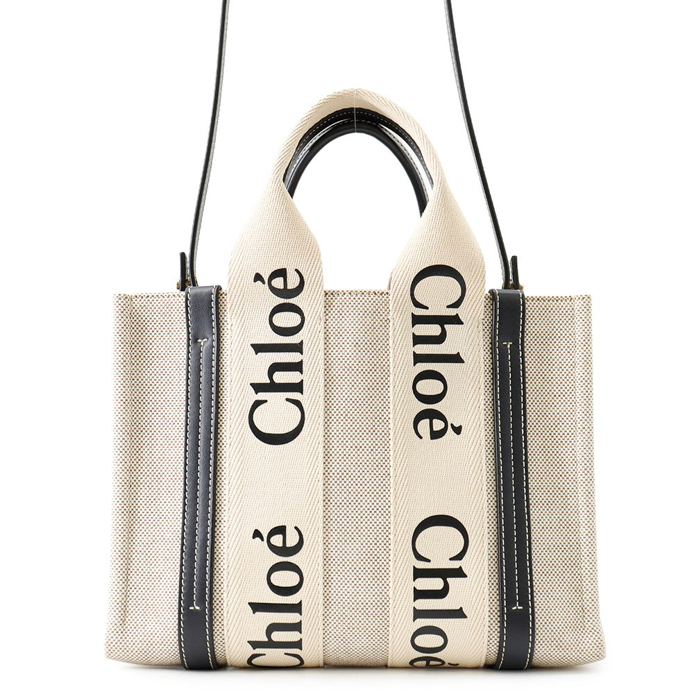 Chloe Woody 2WAY Tote Bag Beige/Black Canvas Size Small