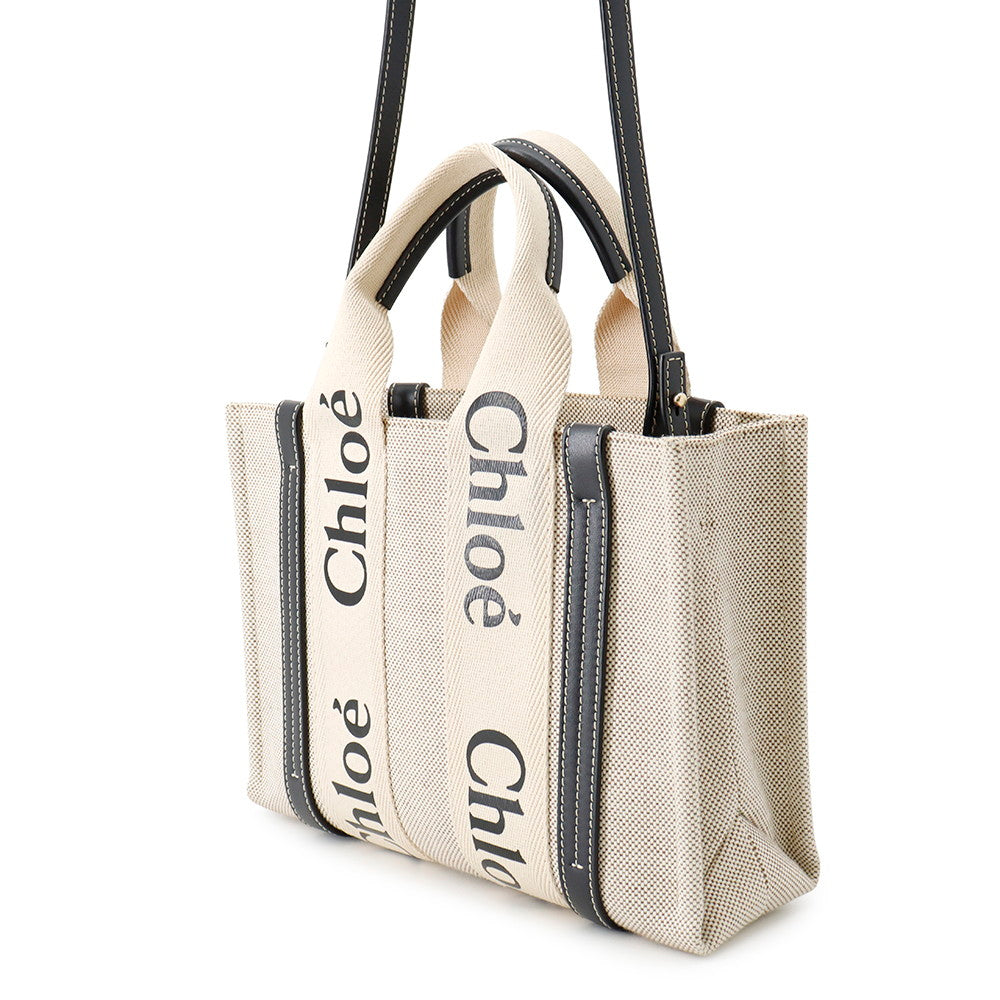 Chloe Woody 2WAY Tote Bag Beige/Black Canvas Size Small
