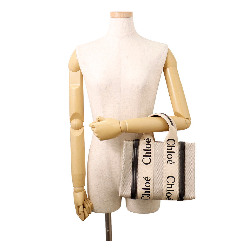 Chloe Woody 2WAY Tote Bag Beige/Black Canvas Size Small