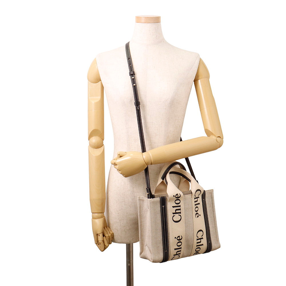 Chloe Woody 2WAY Tote Bag Beige/Black Canvas Size Small