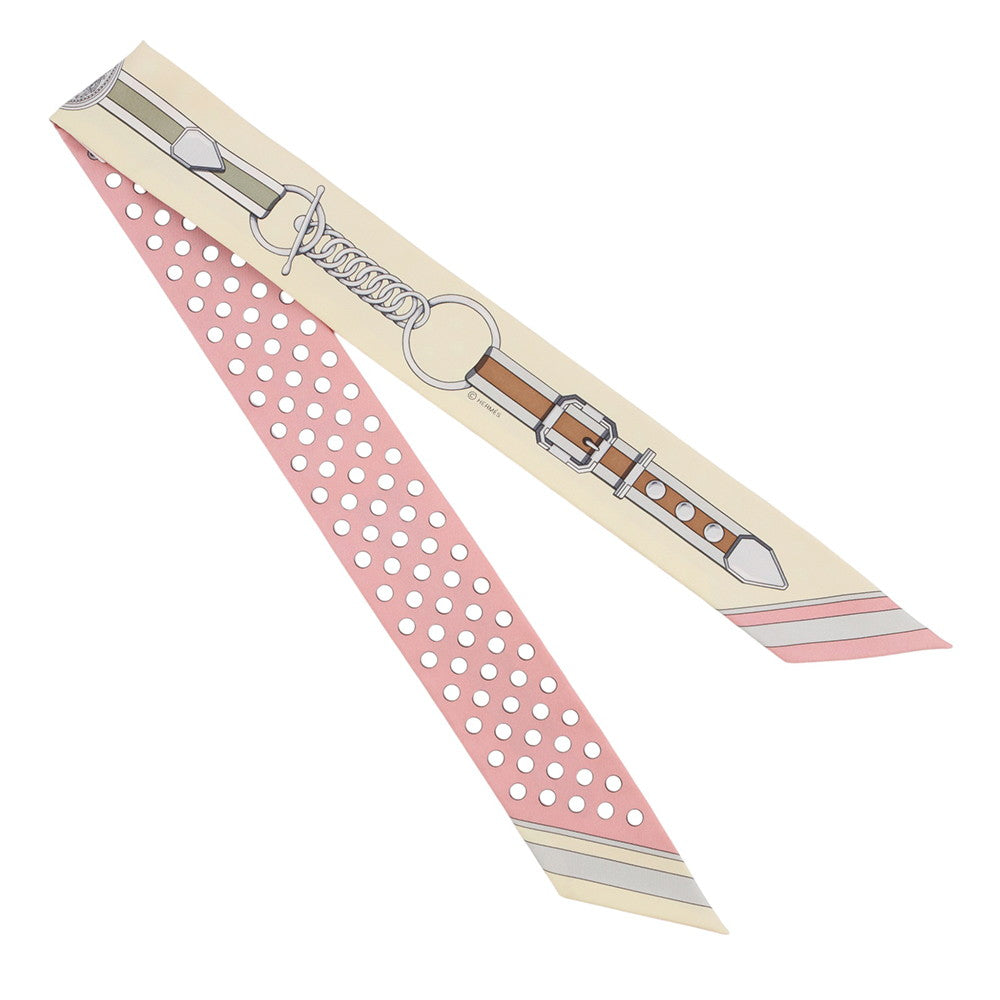 HERMES Twilly Grand Tralala Rose Poudre/Jaune Pale/Gris Pearl Silk100%