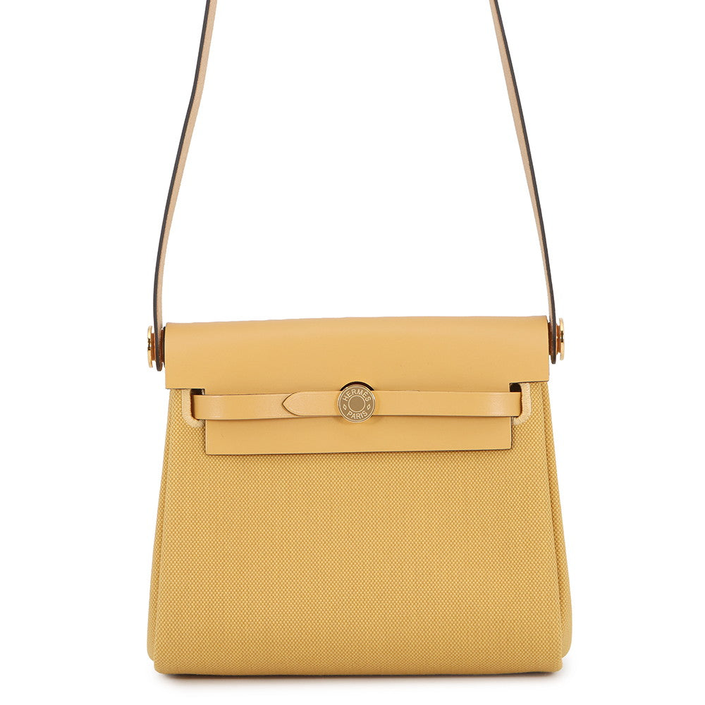 HERMES Herbag zip Paille Toile H Vache Hunter Leather Size Mini