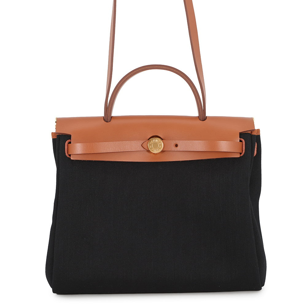 HERMES Herbag zip Black/Natural Toile Military Vache Hunter Leather Size PM
