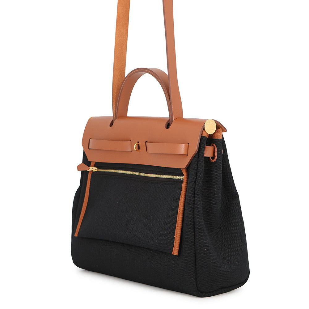 HERMES Herbag zip Black/Natural Toile Military Vache Hunter Leather Size PM
