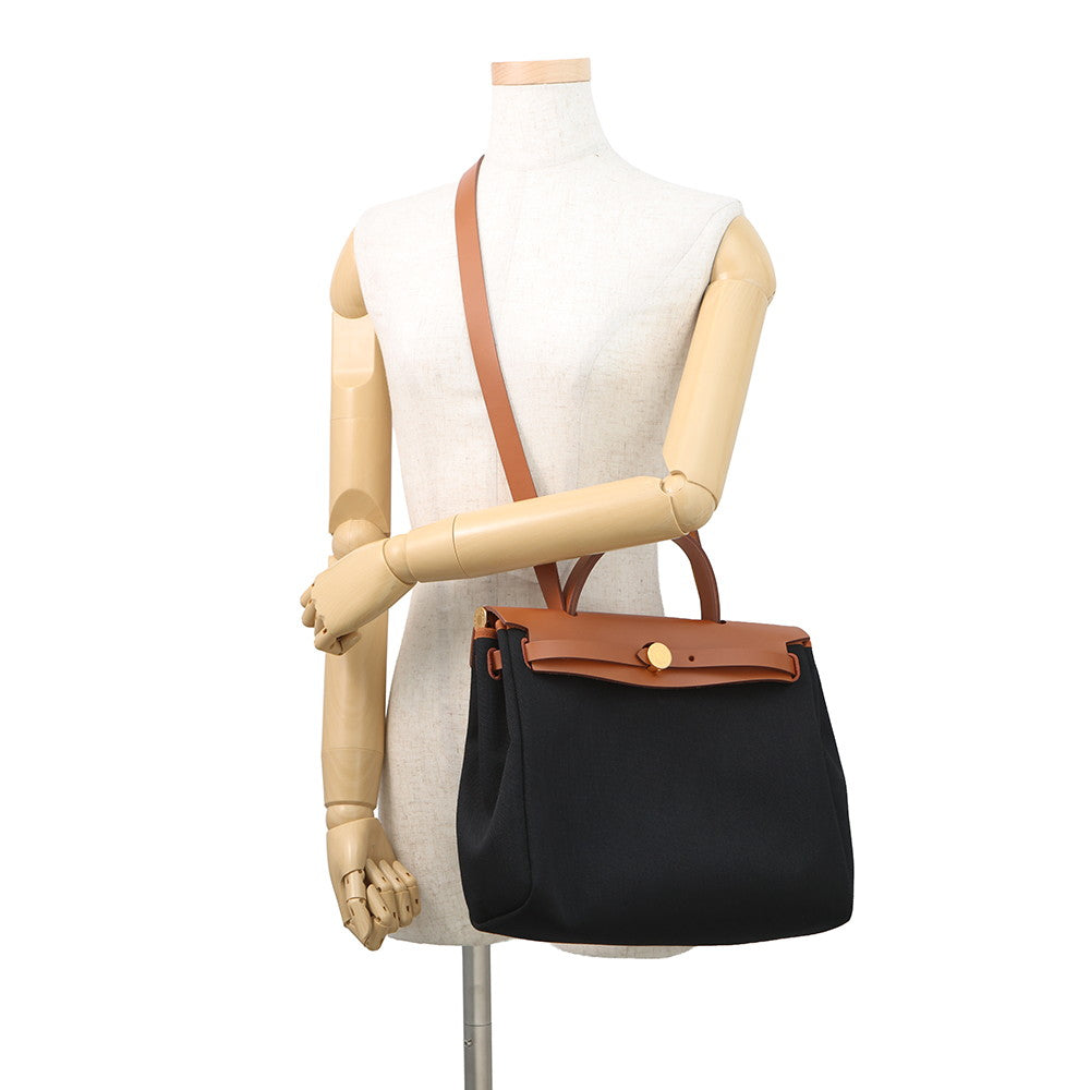 HERMES Herbag zip Black/Natural Toile Military Vache Hunter Leather Size PM
