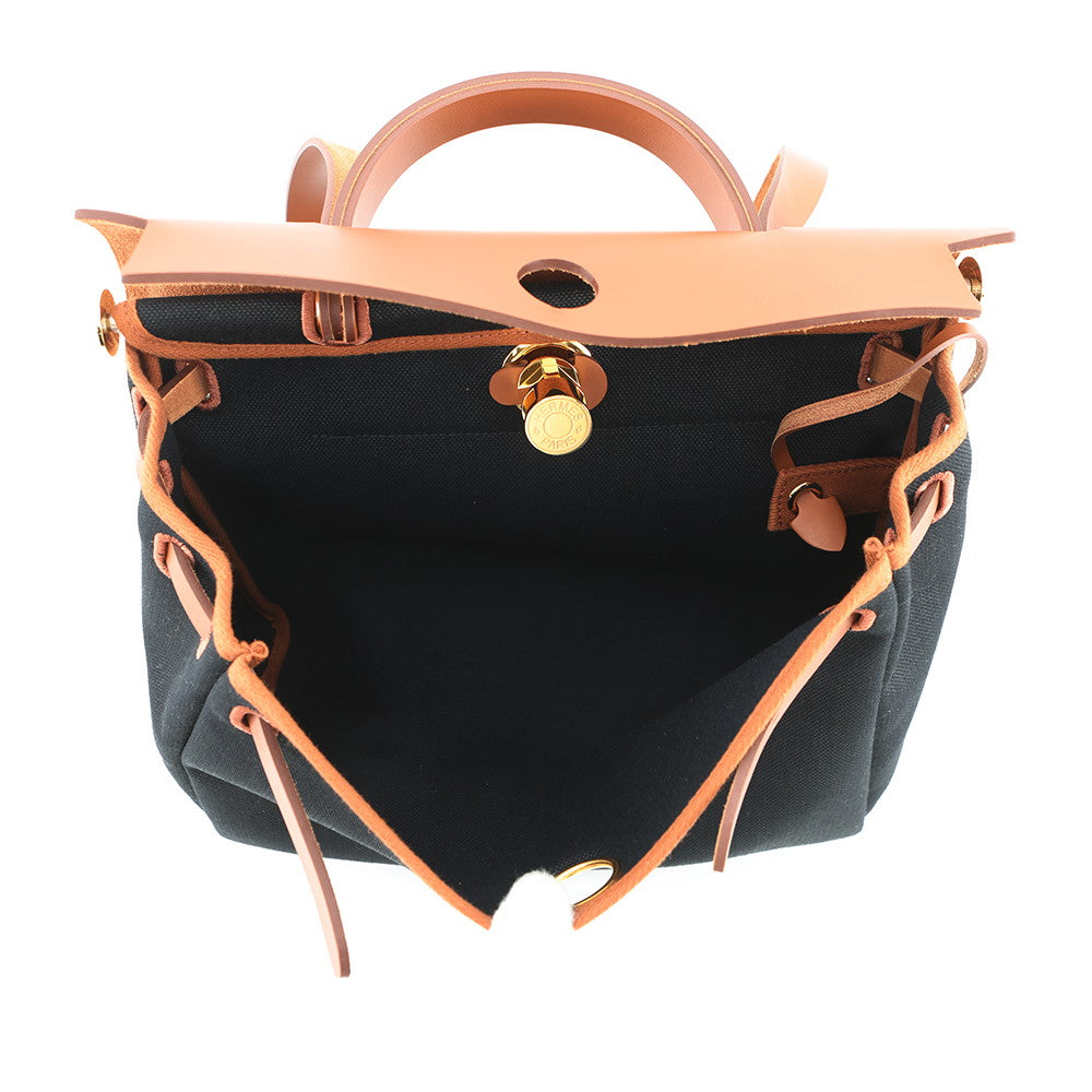 HERMES Herbag zip Black/Natural Toile Military Vache Hunter Leather Size PM