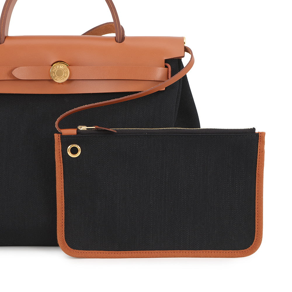 HERMES Herbag zip Black/Natural Toile Military Vache Hunter Leather Size PM