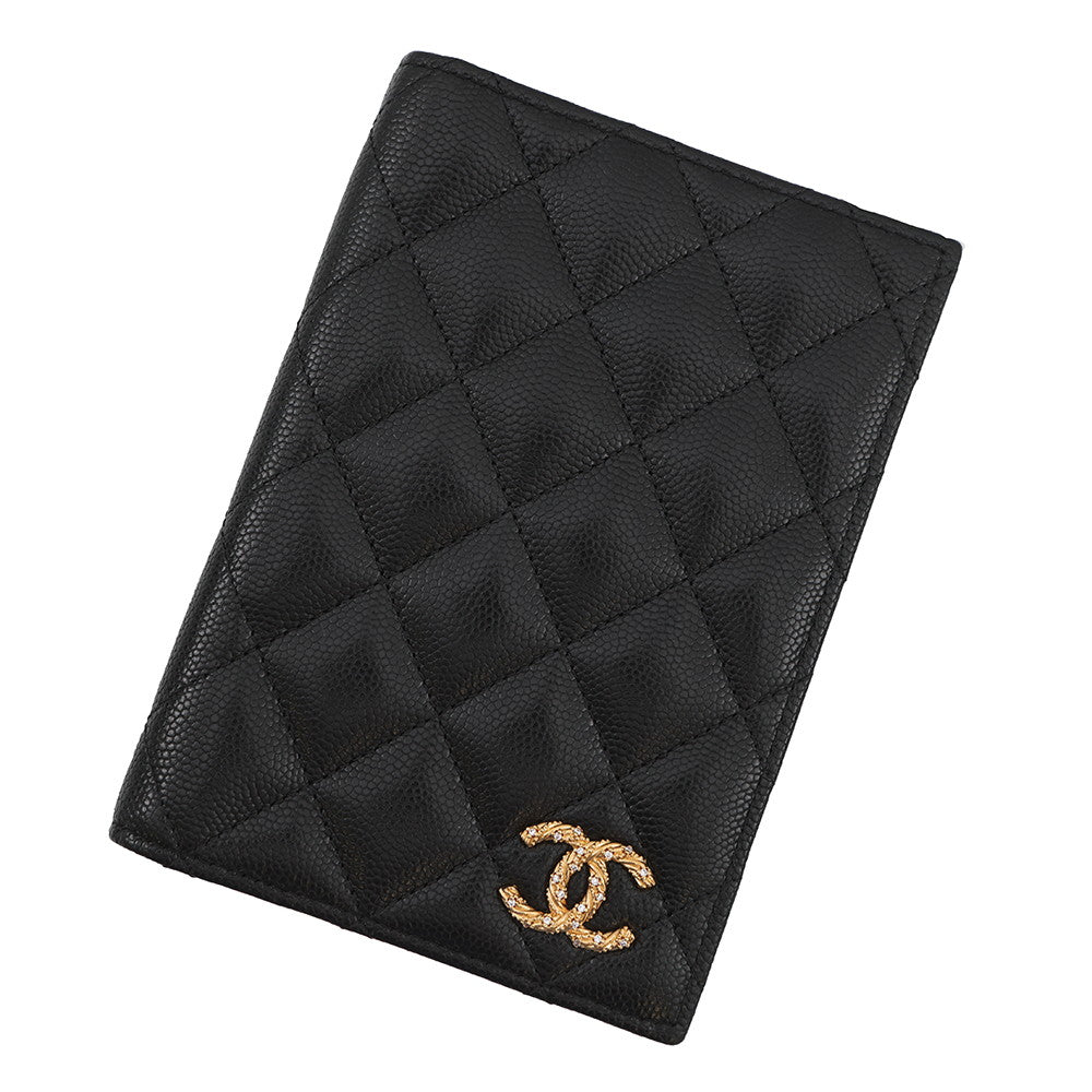 CHANEL CC Logo Passport Case Black Caviar Leather Rhinestone
