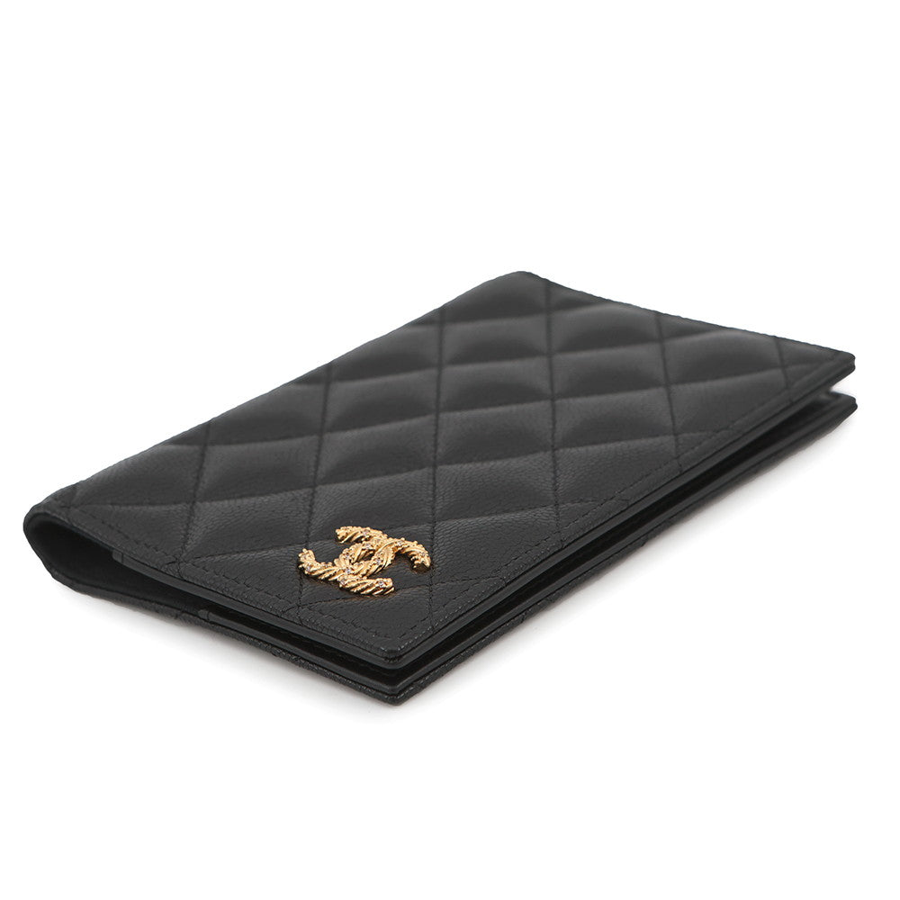 CHANEL CC Logo Passport Case Black Caviar Leather Rhinestone