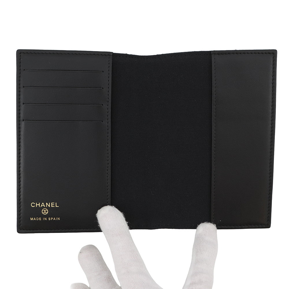 CHANEL CC Logo Passport Case Black Caviar Leather Rhinestone
