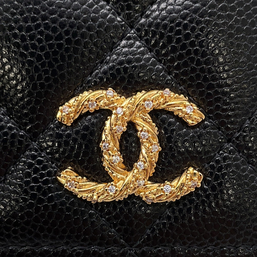 CHANEL CC Logo Passport Case Black Caviar Leather Rhinestone