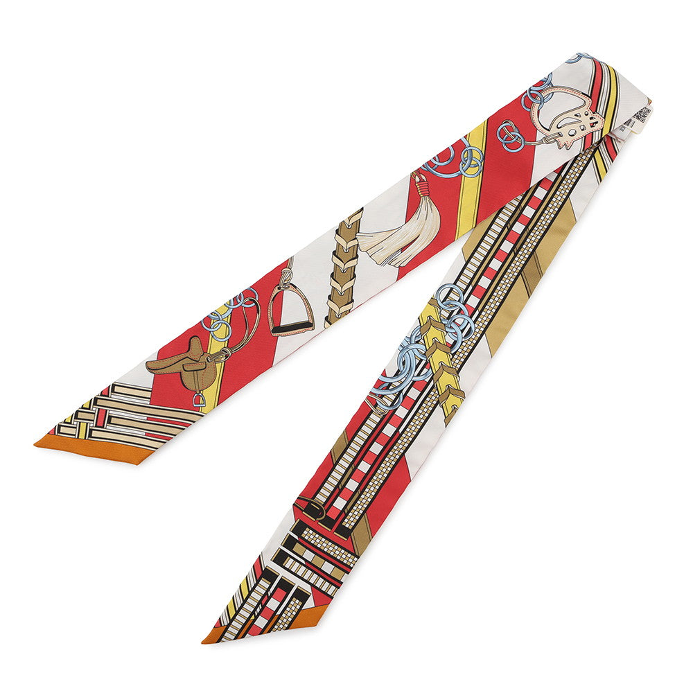 HERMES Twilly Brides and Bag Charm Brides et Gris Gris Rouge/Blanc/Moldre Silk100%
