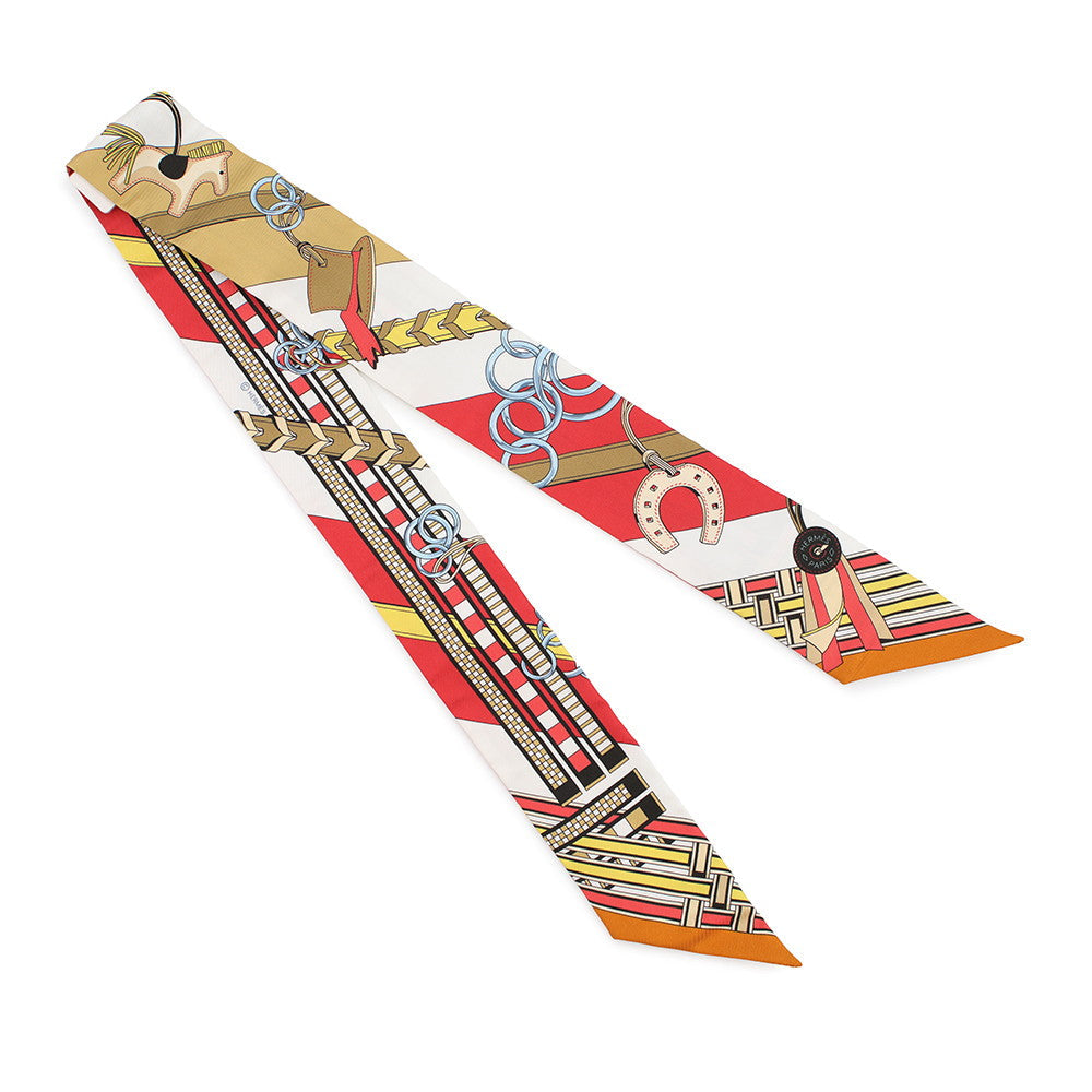 HERMES Twilly Brides and Bag Charm Brides et Gris Gris Rouge/Blanc/Moldre Silk100%
