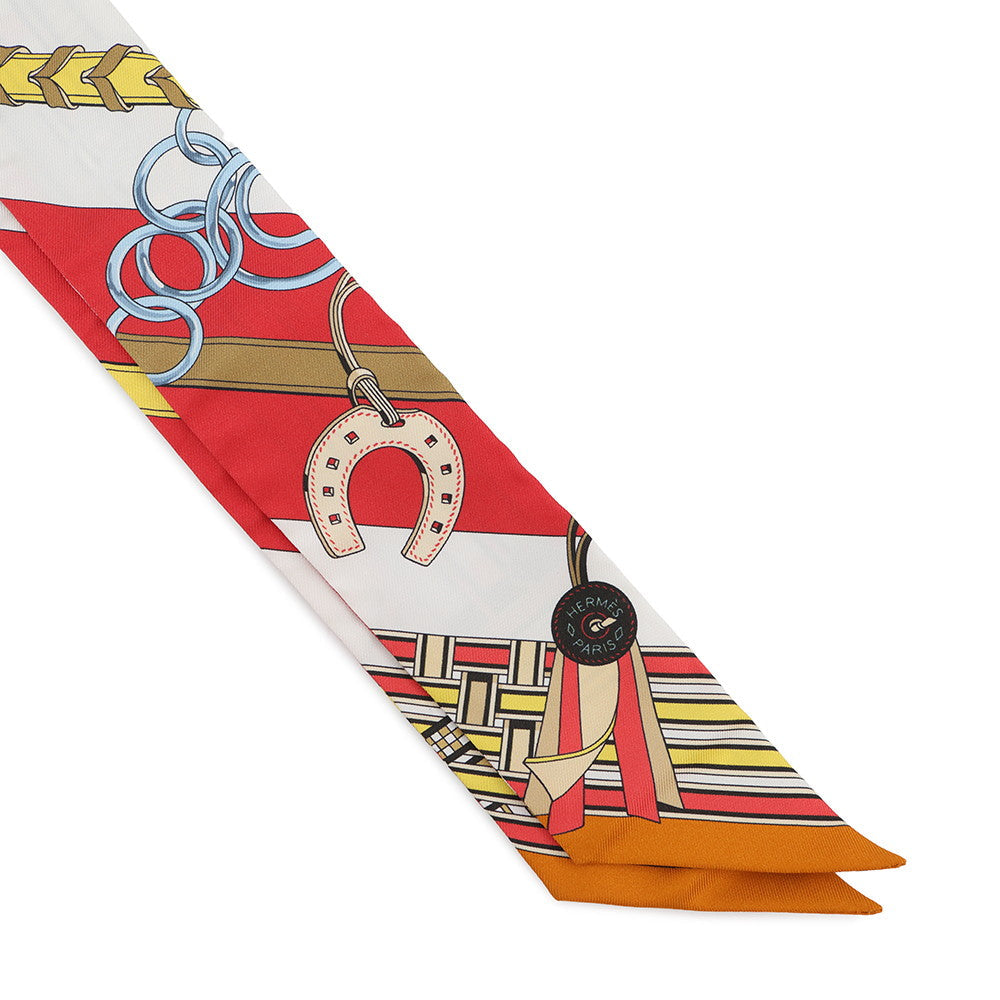 HERMES Twilly Brides and Bag Charm Brides et Gris Gris Rouge/Blanc/Moldre Silk100%