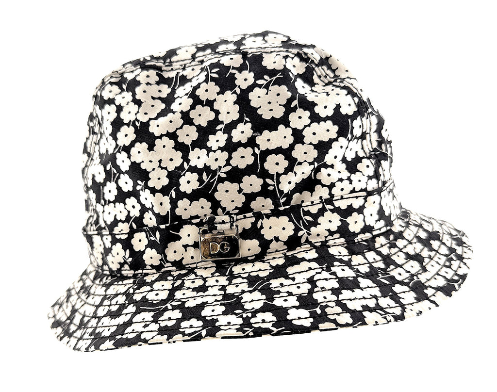 Dolce & Gabbana 100% Silk Black and White Floral Bucket Hat-