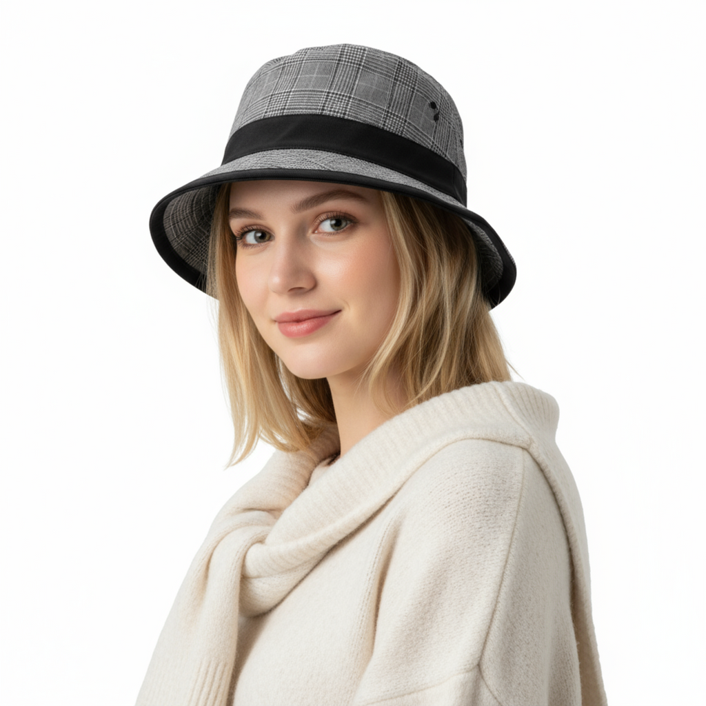 Dolce & Gabbana Virgin Wool Gray Plaid Bucket Hat with Black Ribbon Band