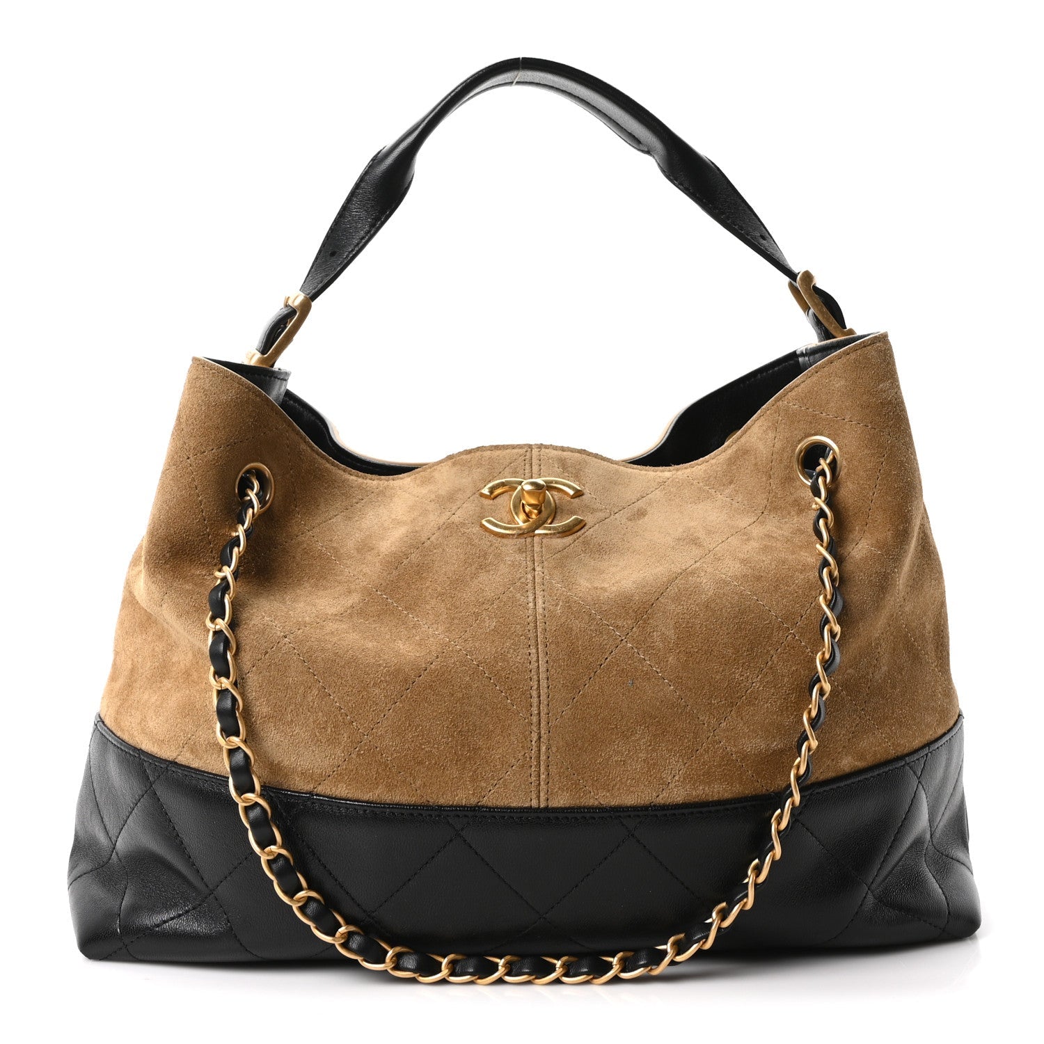 Suede Calfskin Shiny Lambskin Quilted Small Coco Base Shopping Bag Beige Black