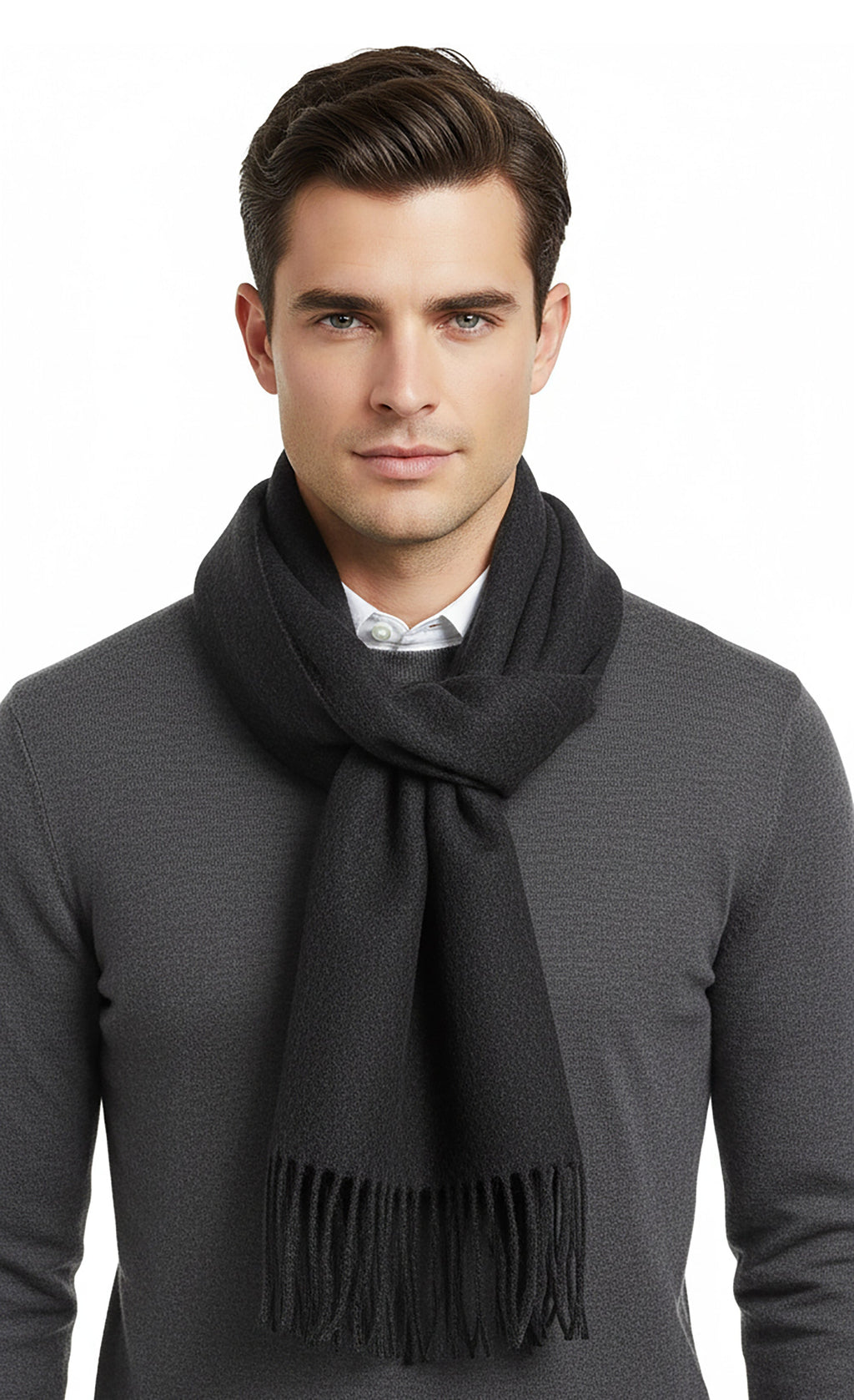 Luxurious Cashemere Blend Scarf with Fringed Ends -  Charcoal Grey