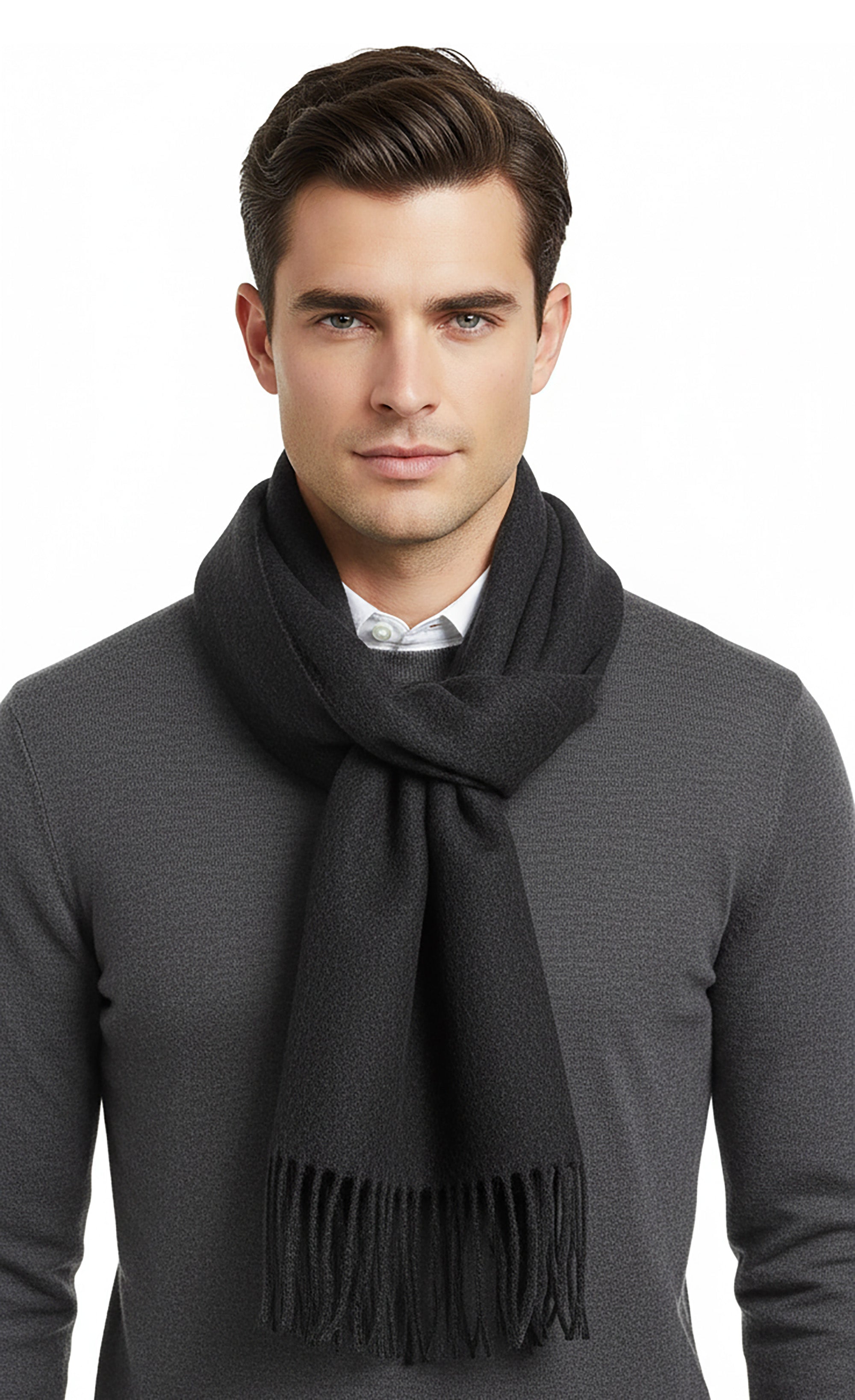Luxurious Cashemere Blend Scarf with Fringed Ends -  Charcoal Grey
