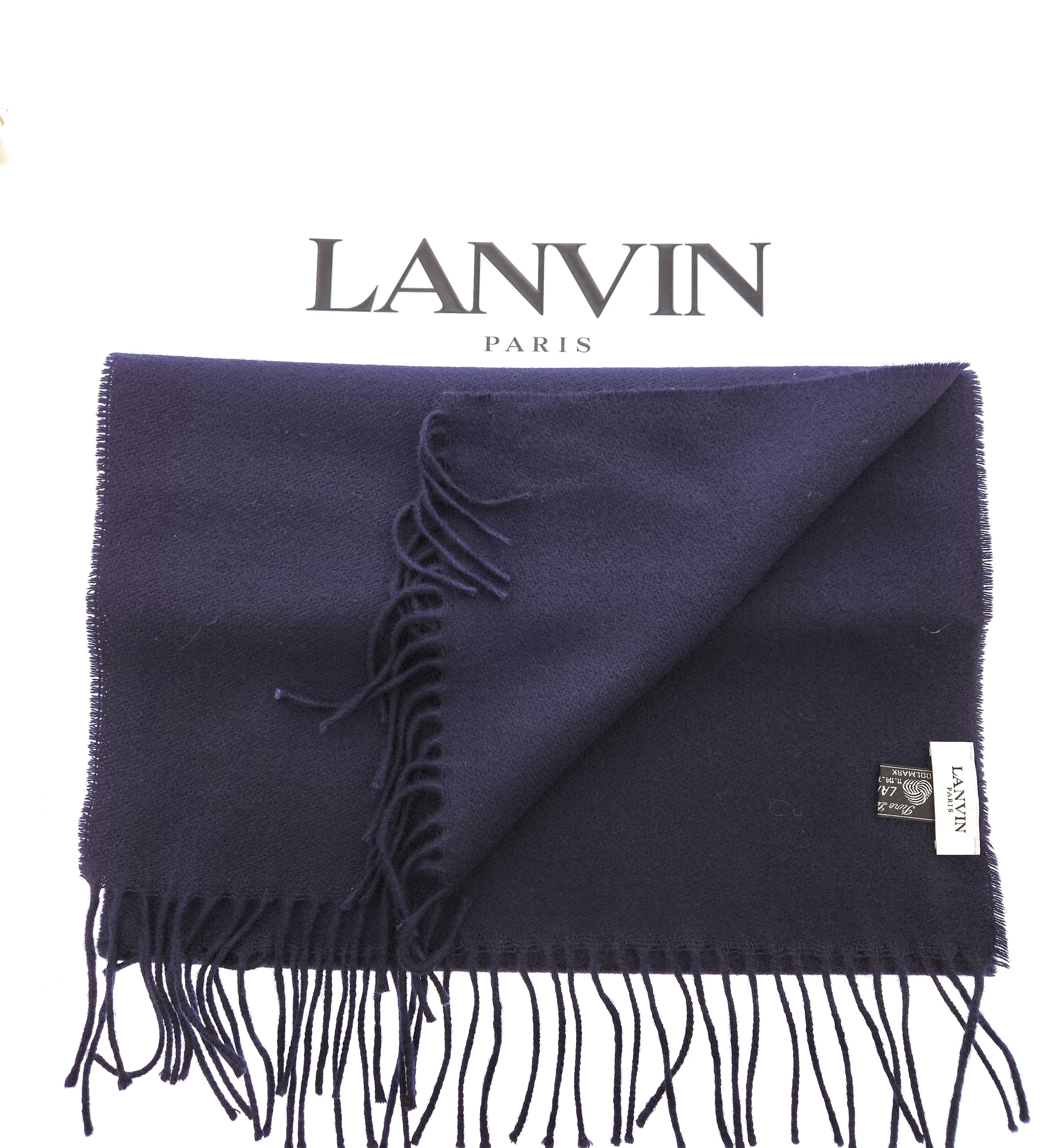 Lanvin Soft Luxurious 100% Wool Navy Fringe Scarf