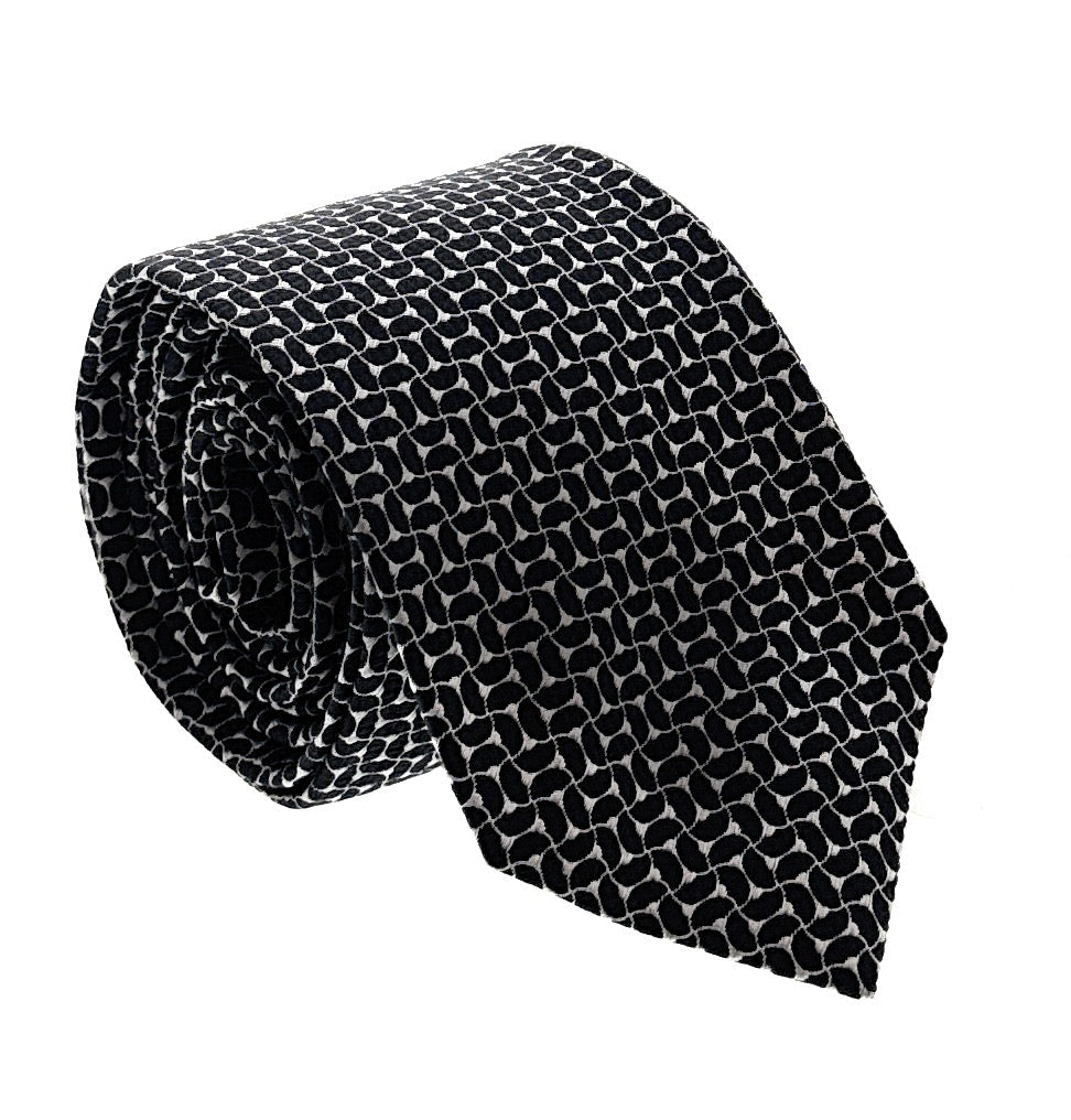 Emporio Armani Black and Silver Geometric Pattern Men's Tie – Made in Italy