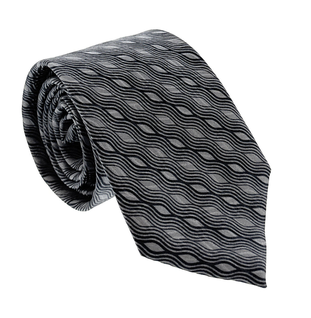 Emporio Armani Mens Light Grey Navy Wavy Geometric Tie – Made in Italy