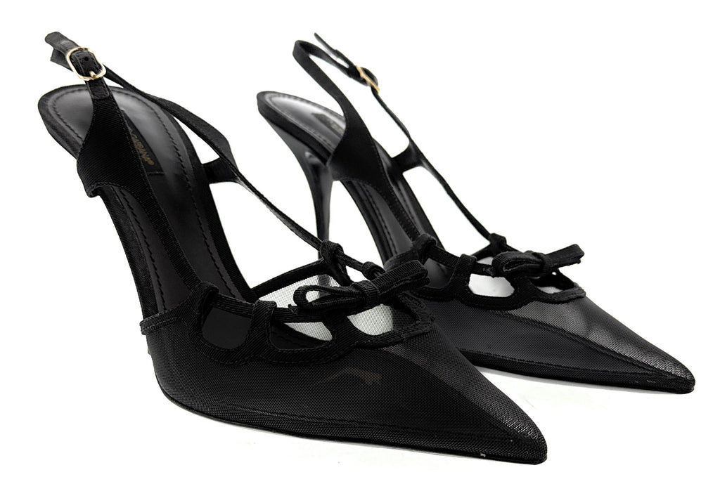 Dolce & Gabbana Black Mesh Slingback – T-Strap Bow Detail Pointed Pumps-41