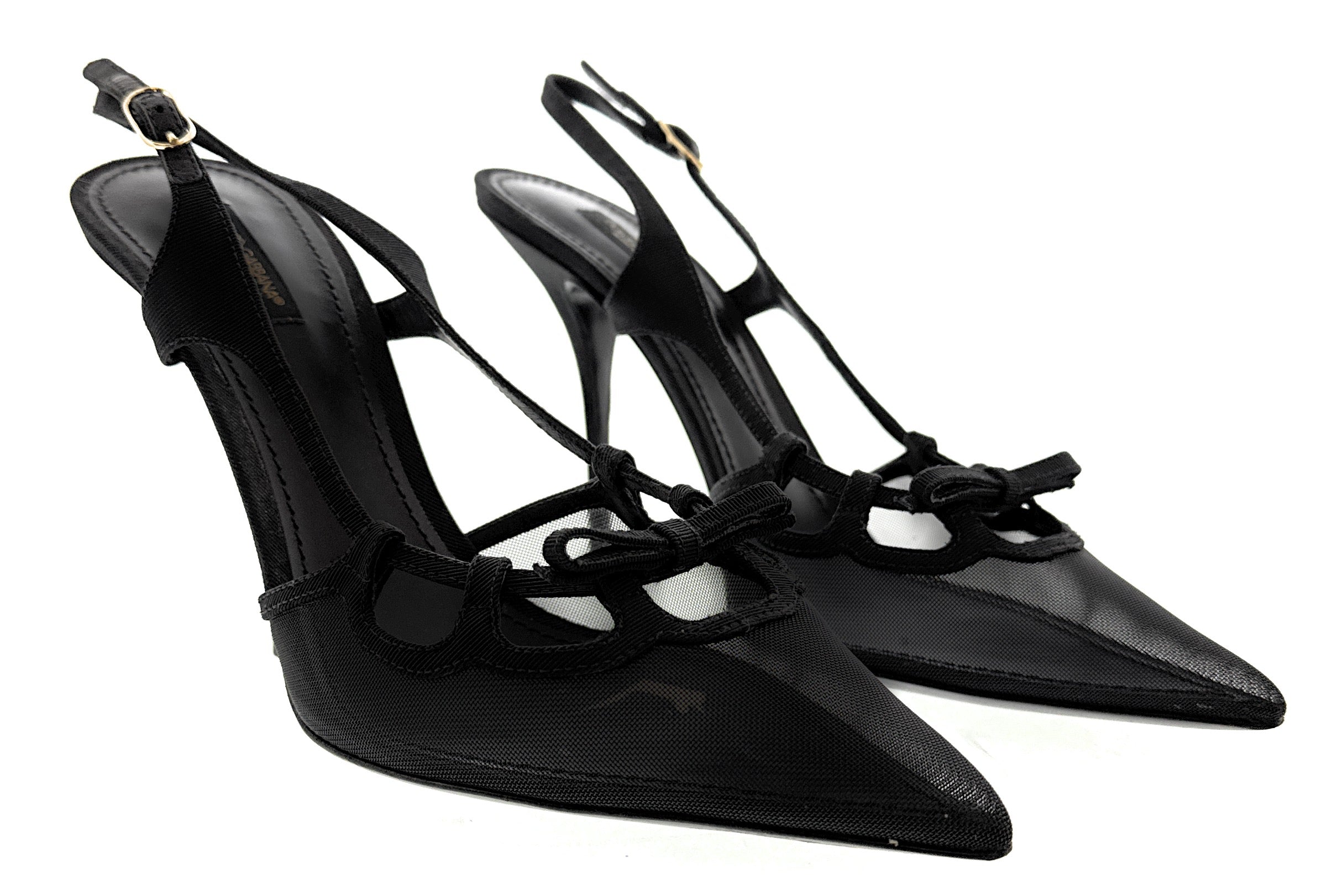 Dolce & Gabbana Black Mesh Slingback – T-Strap Bow Detail Pointed Pumps-41