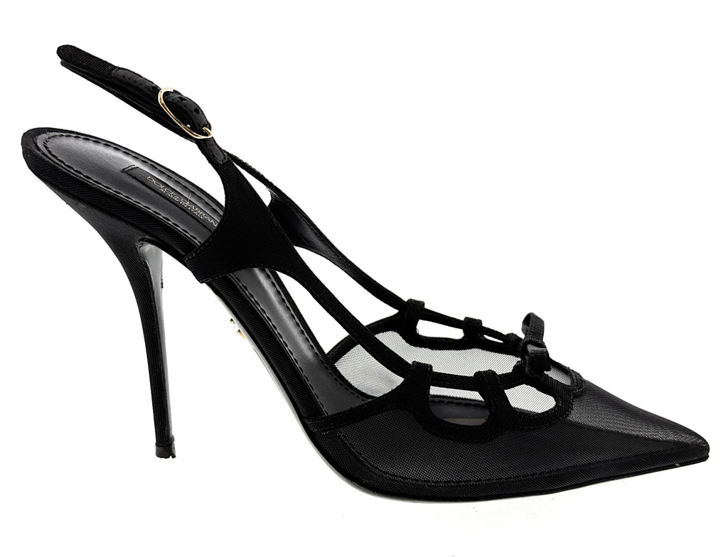 Dolce & Gabbana Black Mesh Slingback – T-Strap Bow Detail Pointed Pumps-41