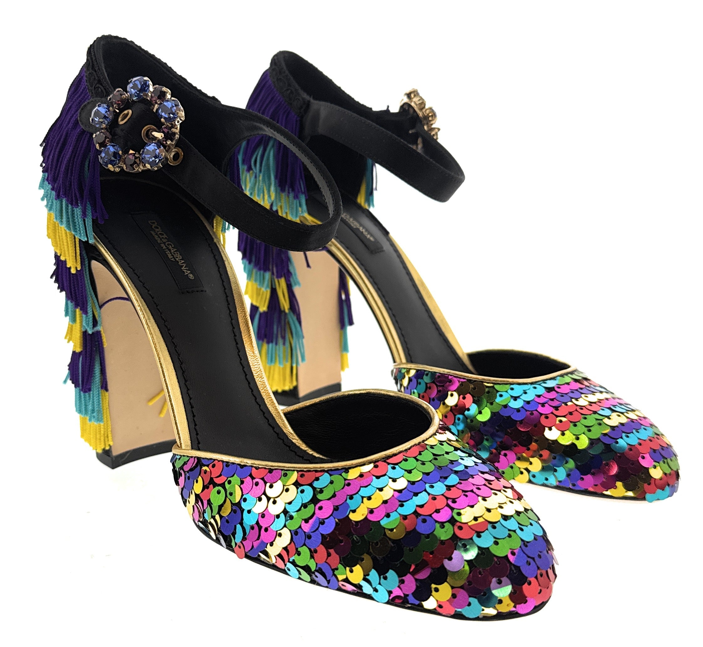 Dolce & Gabbana Multicolor Gold Rainbow Sequin Fringe Block Heels