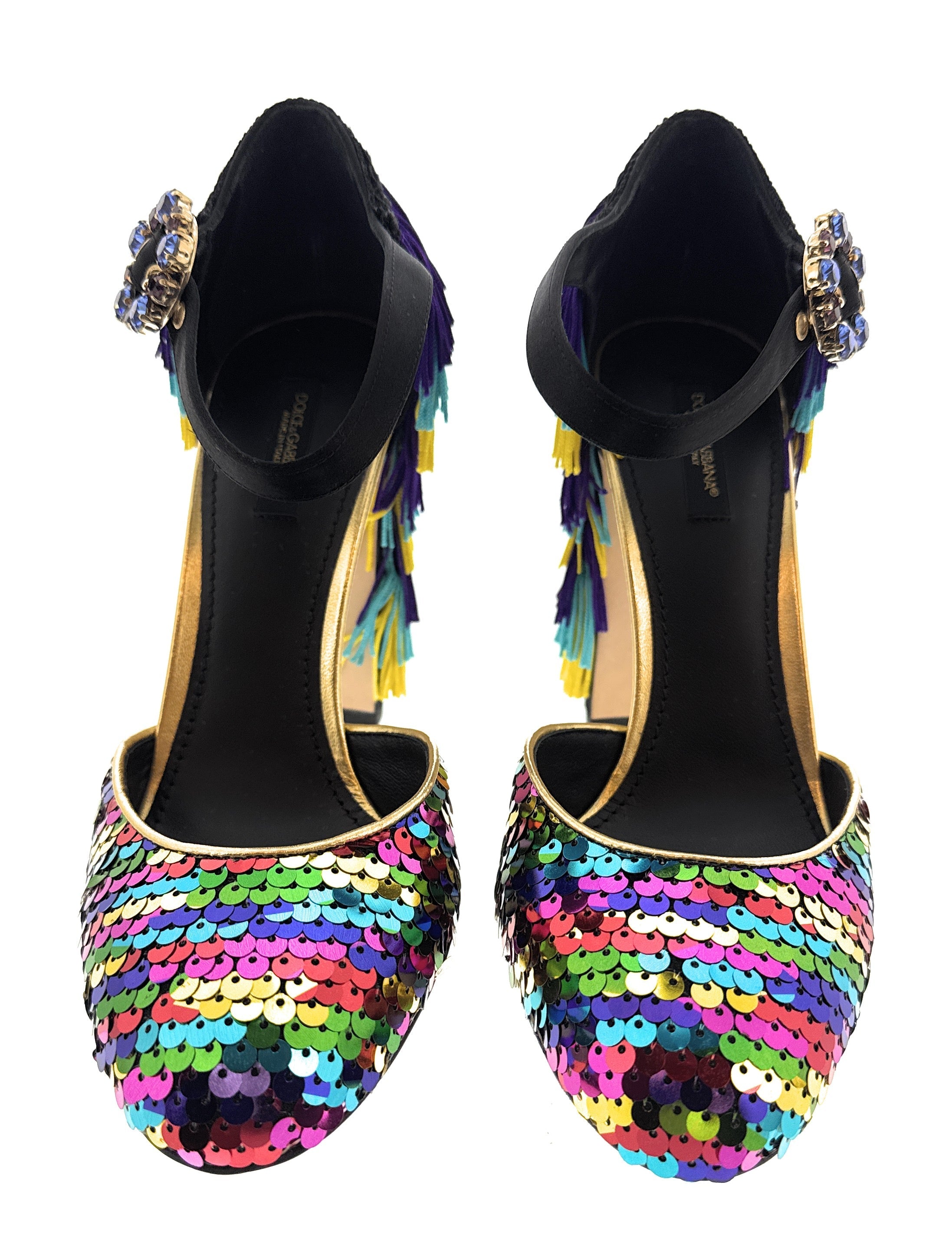 Dolce & Gabbana Multicolor Gold Rainbow Sequin Fringe Block Heels-EU36