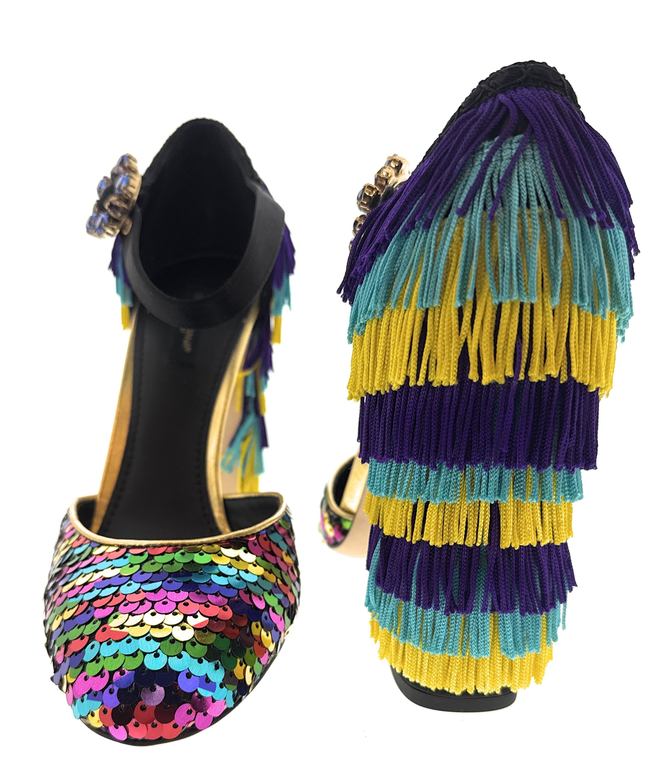 Dolce & Gabbana Multicolor Gold Rainbow Sequin Fringe Block Heels-EU36
