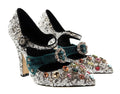 Dolce & Gabbana Silver Sequin Mary Jane Pumps with Jeweled Velvet Strap-39