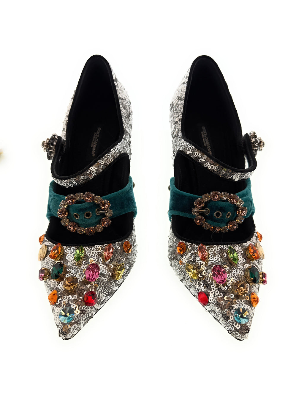 Dolce & Gabbana Silver Sequin Mary Jane Pumps with Jeweled Velvet Strap-39