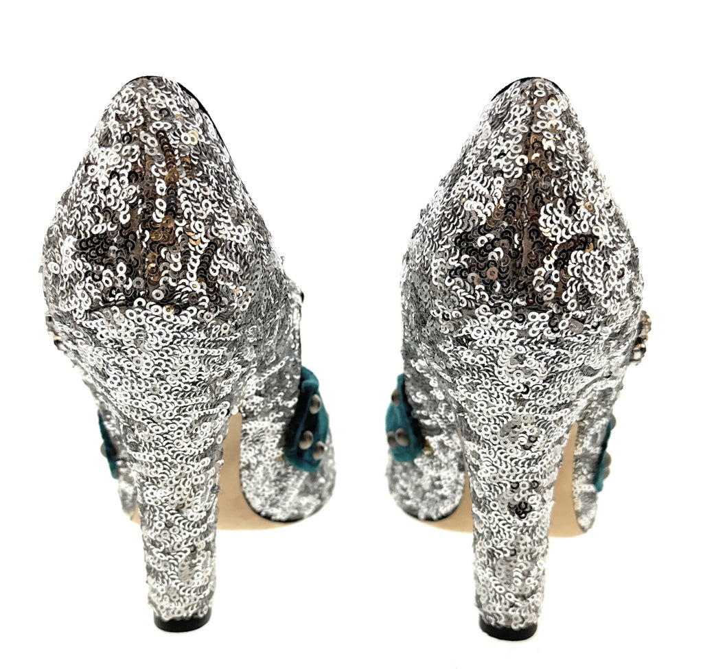 Dolce & Gabbana Silver Sequin Mary Jane Pumps with Jeweled Velvet Strap-39