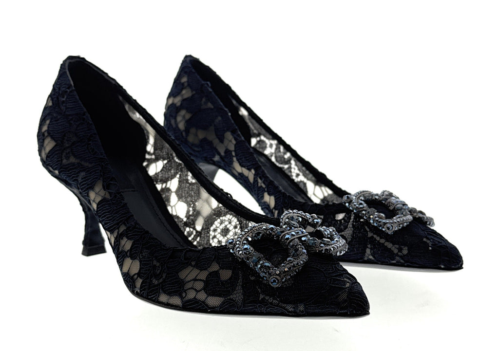 Dolce & Gabbana Deep Navy Floral Lace  Kitten Heels-EU35.5