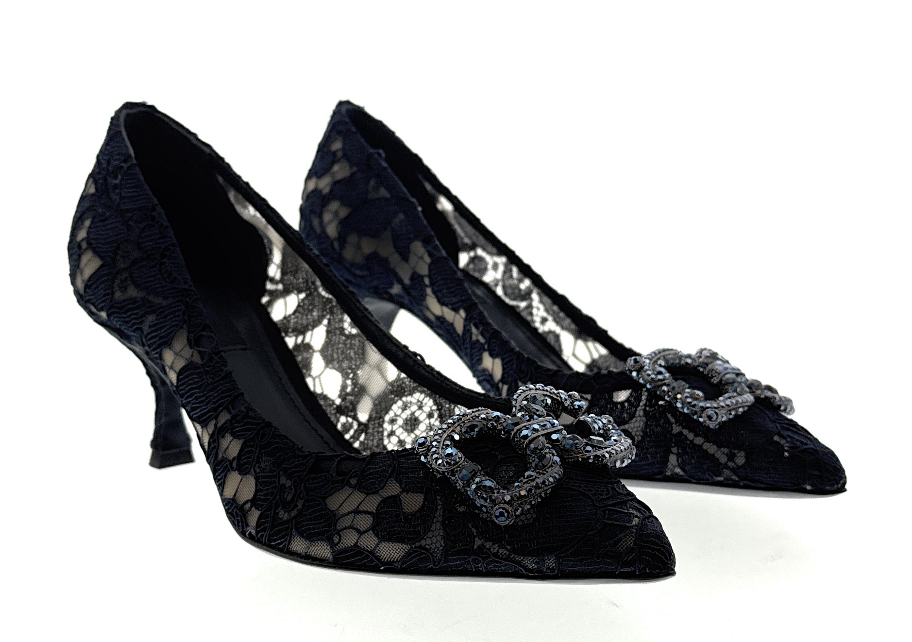 Dolce & Gabbana Deep Navy Floral Lace  Kitten Heels-EU35.5