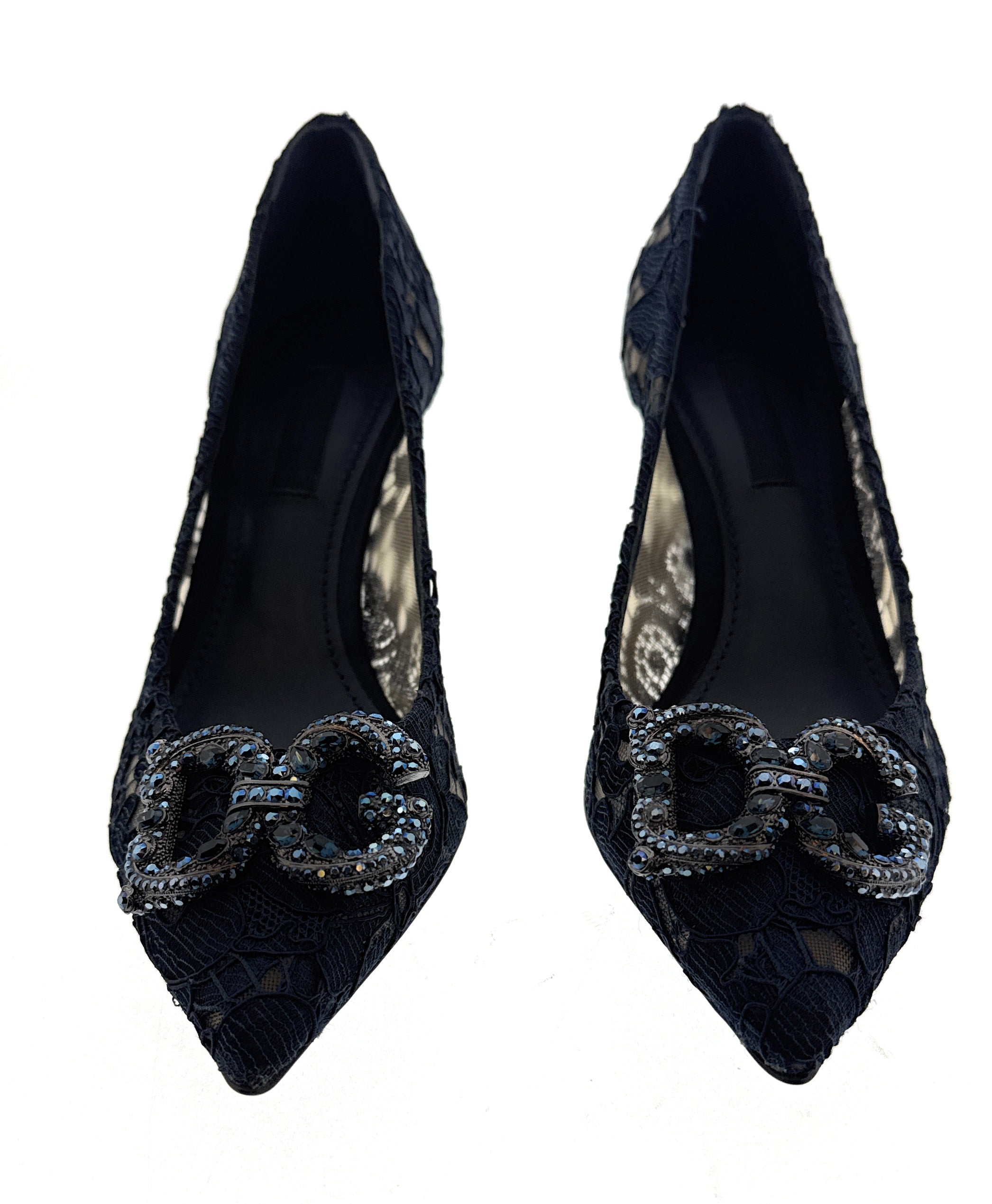 Dolce & Gabbana Deep Navy Floral Lace  Kitten Heels-EU35.5
