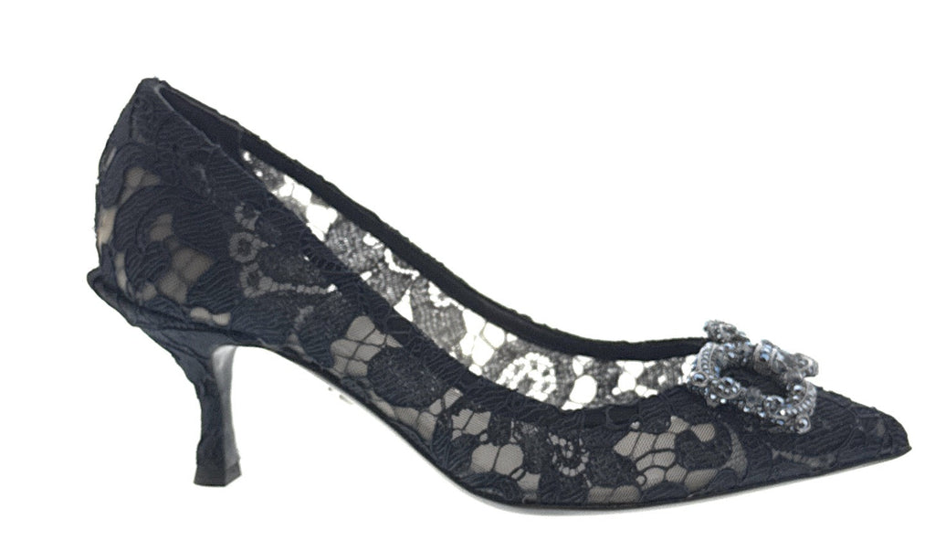 Dolce & Gabbana Deep Navy Floral Lace  Kitten Heels-EU35.5