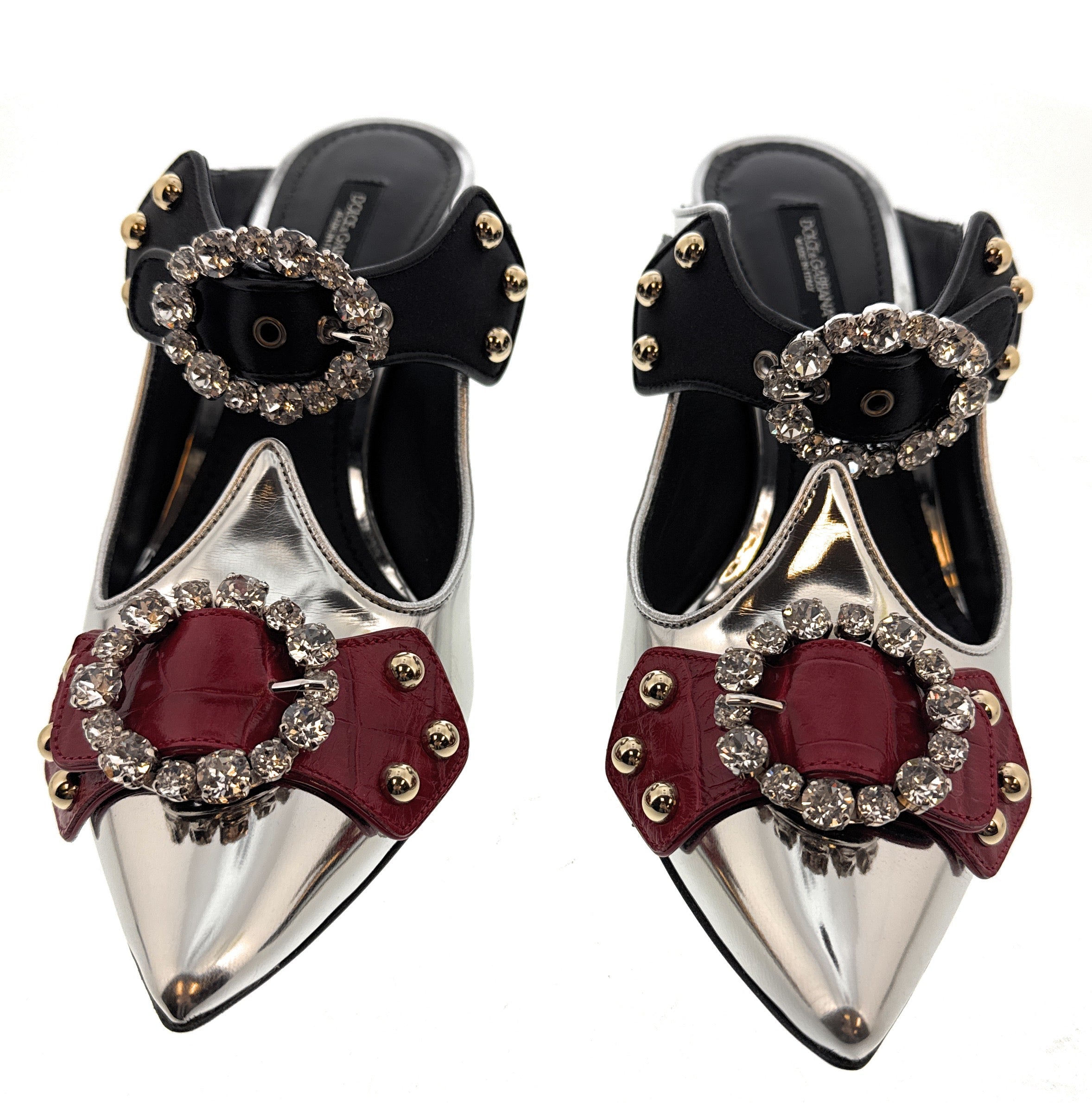 Dolce & Gabbana Silver/Cherry Silver Embellished Kitten Mules-EU37