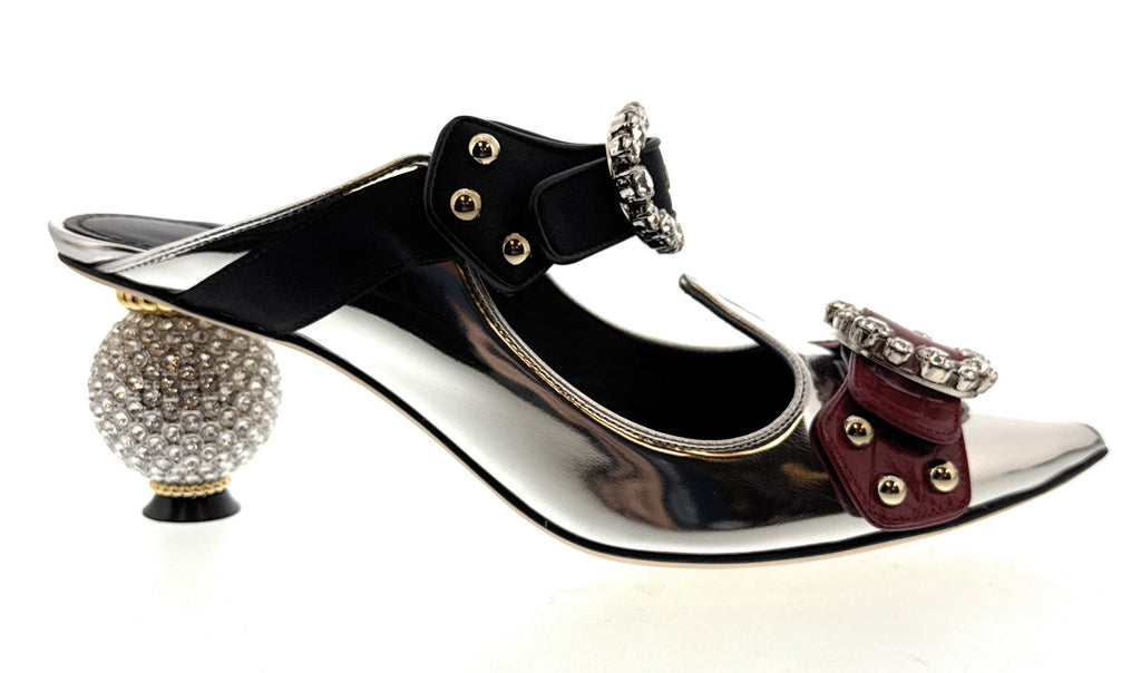 Dolce & Gabbana Silver/Cherry Silver Embellished Kitten Mules-EU37