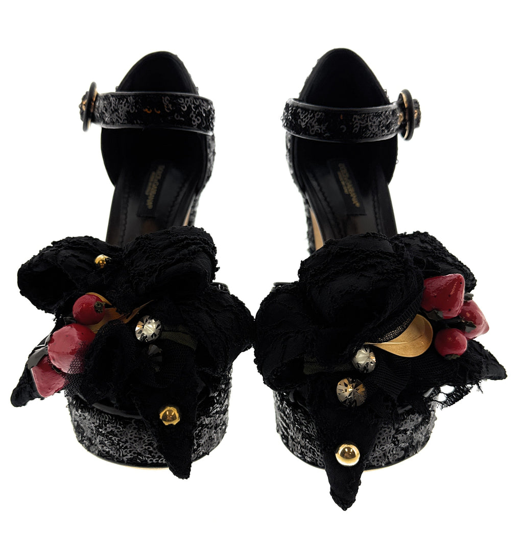 Dolce & Gabbana Women's Black Sequin Strawberry Embellished Platform Heels-EU36.5