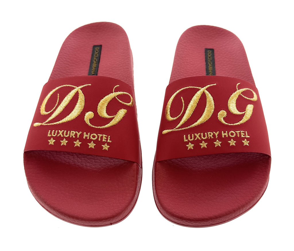 Dolce & Gabbana Red Embroidered Logo Pool Slides -EU36