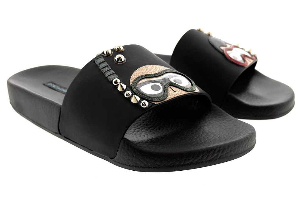 Dolce & Gabbana Black Cartoon-Detail Slides with Stud Embellishments -EU38